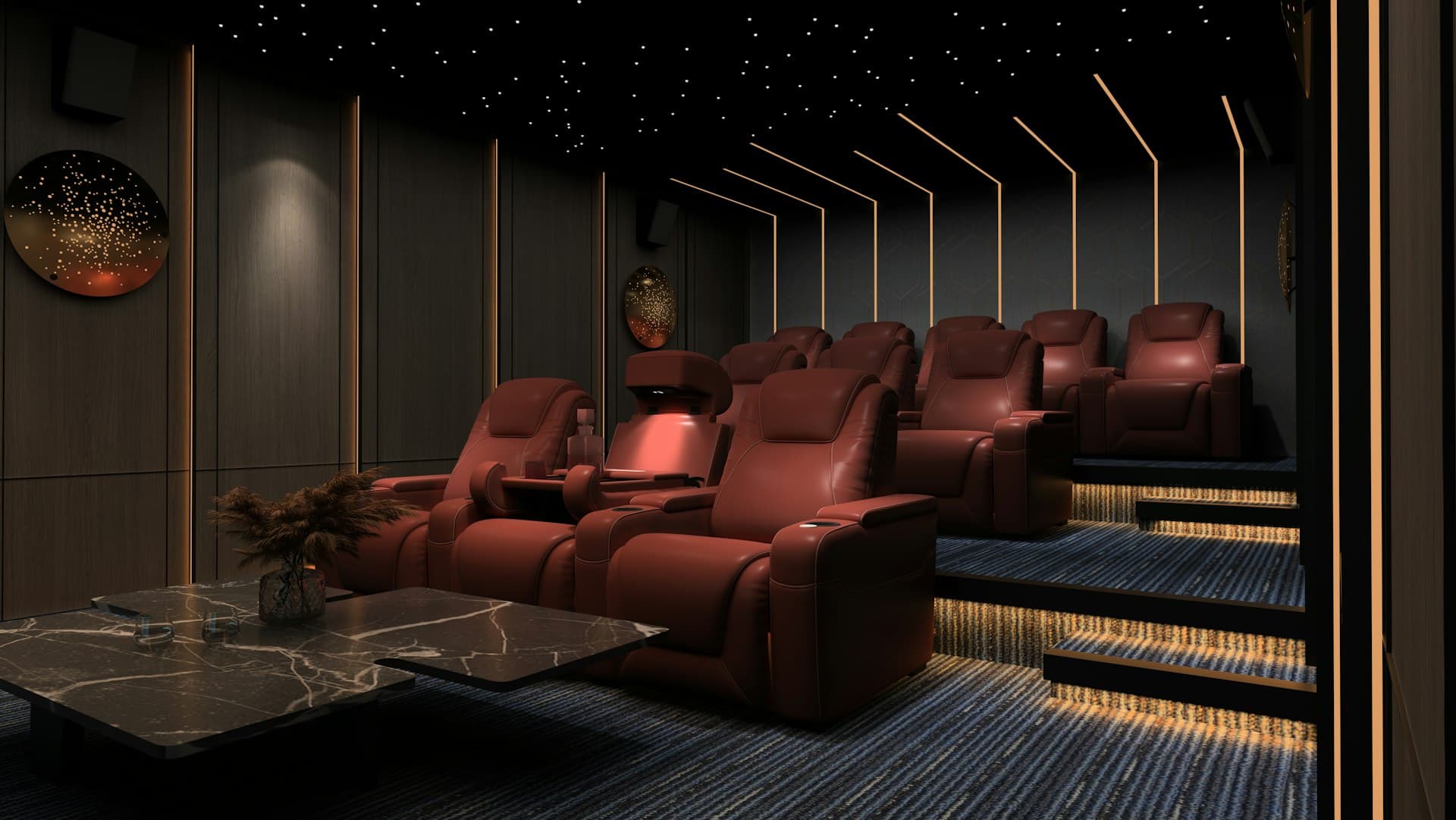 Sala de cine en casa premium con butacas e iluminación LED cálida